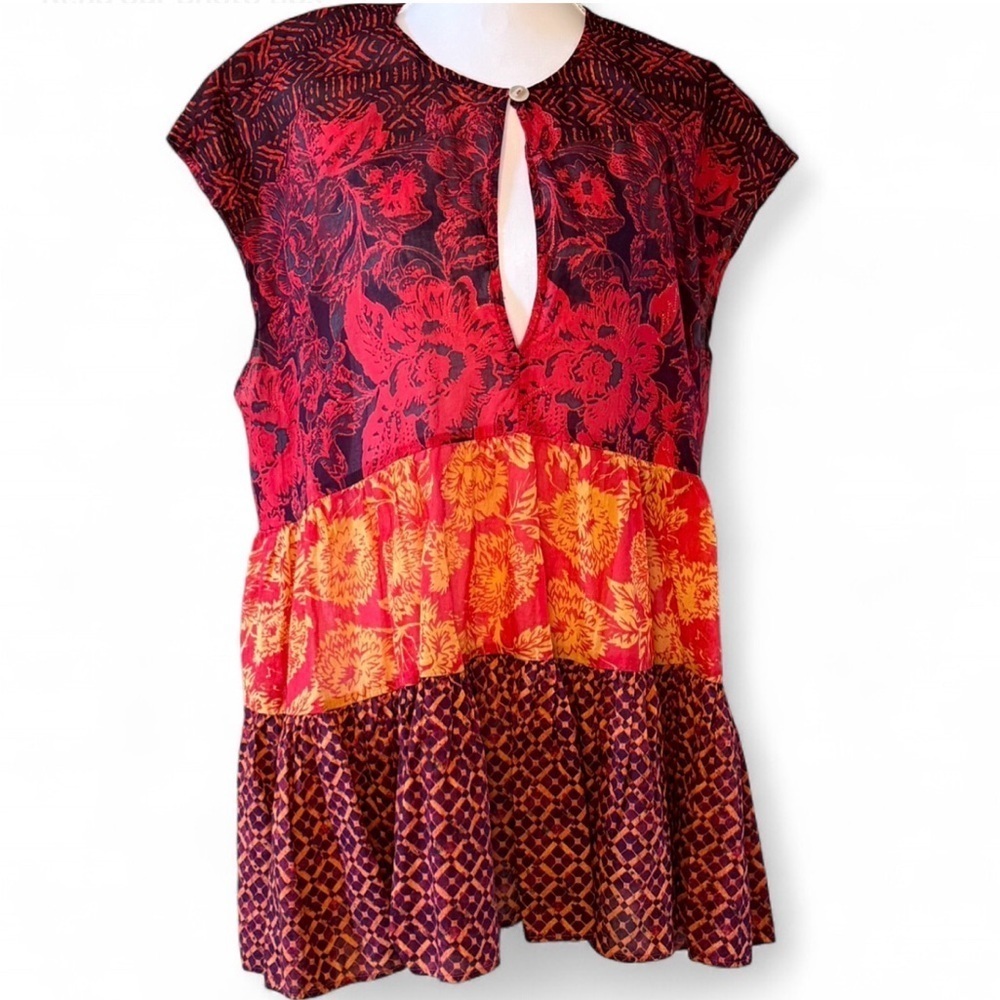 Free People Mixed Print Boho Babydoll Tunic Top Medium Cotton